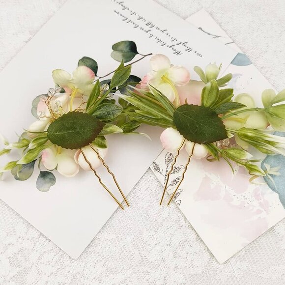 Women Hair Comb Artificial Flowers Leaves Metal Bridal Wedding Pink Pair main image 5